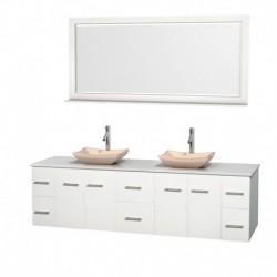 80 inch Double Bathroom Vanity in Matte White, White Man-Made Stone Countertop, Avalon Ivory Marble Sinks, and 70 inch Mirror