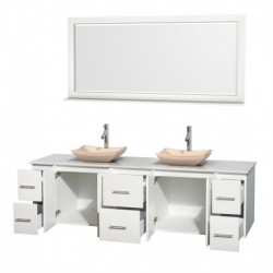 80 inch Double Bathroom Vanity in Matte White, White Man-Made Stone Countertop, Avalon Ivory Marble Sinks, and 70 inch Mirror