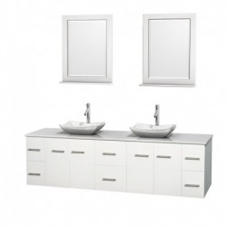 80 inch Double Bathroom Vanity in Matte White, White Man-Made Stone Countertop, Avalon White Carrera Marble Sinks, and 24 inch