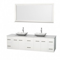 80 inch Double Bathroom Vanity in Matte White, White Man-Made Stone Countertop, Avalon White Carrera Marble Sinks, and 70 inch