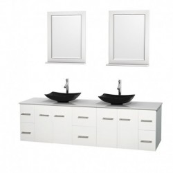 80 inch Double Bathroom Vanity in Matte White, White Man-Made Stone Countertop, Arista Black Granite Sinks, and 24 inch Mirrors