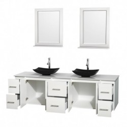 80 inch Double Bathroom Vanity in Matte White, White Man-Made Stone Countertop, Arista Black Granite Sinks, and 24 inch Mirrors