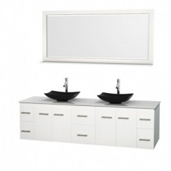 80 inch Double Bathroom Vanity in Matte White, White Man-Made Stone Countertop, Arista Black Granite Sinks, and 70 inch Mirror