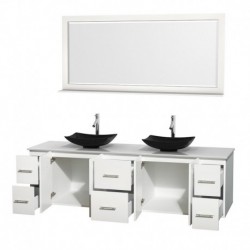 80 inch Double Bathroom Vanity in Matte White, White Man-Made Stone Countertop, Arista Black Granite Sinks, and 70 inch Mirror