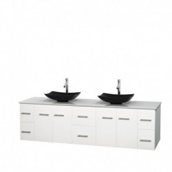 80 inch Double Bathroom Vanity in Matte White, White Man-Made Stone Countertop, Arista Black Granite Sinks, and No Mirror