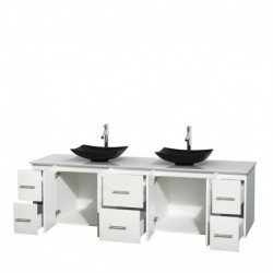 80 inch Double Bathroom Vanity in Matte White, White Man-Made Stone Countertop, Arista Black Granite Sinks, and No Mirror