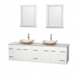 80 inch Double Bathroom Vanity in Matte White, White Man-Made Stone Countertop, Arista Ivory Marble Sinks, and 24 inch Mirrors