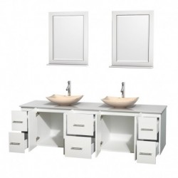 80 inch Double Bathroom Vanity in Matte White, White Man-Made Stone Countertop, Arista Ivory Marble Sinks, and 24 inch Mirrors