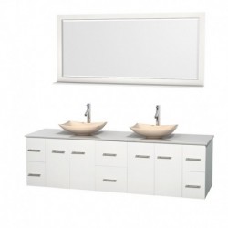 80 inch Double Bathroom Vanity in Matte White, White Man-Made Stone Countertop, Arista Ivory Marble Sinks, and 70 inch Mirror