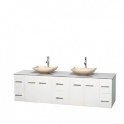 80 inch Double Bathroom Vanity in Matte White, White Man-Made Stone Countertop, Arista Ivory Marble Sinks, and No Mirror