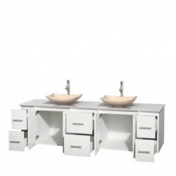 80 inch Double Bathroom Vanity in Matte White, White Man-Made Stone Countertop, Arista Ivory Marble Sinks, and No Mirror