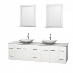 80 inch Double Bathroom Vanity in Matte White, White Man-Made Stone Countertop, Arista White Carrera Marble Sinks, and 24 inch