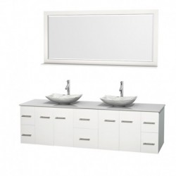 80 inch Double Bathroom Vanity in Matte White, White Man-Made Stone Countertop, Arista White Carrera Marble Sinks, and 70 inch