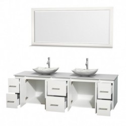 80 inch Double Bathroom Vanity in Matte White, White Man-Made Stone Countertop, Arista White Carrera Marble Sinks, and 70 inch