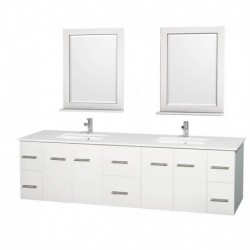 80 inch Double Bathroom Vanity in Matte White, White Man-Made Stone Countertop, Undermount Square Sink, and 24 inch Mirrors