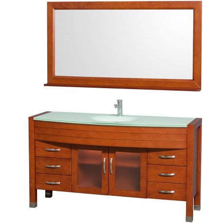 60 inch Single Bathroom Vanity in Cherry, Green Glass Countertop, Green Integrated Sink, and 60 inch Mirror