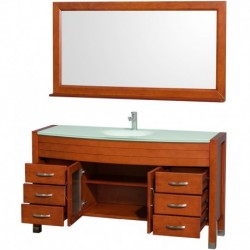 60 inch Single Bathroom Vanity in Cherry, Green Glass Countertop, Green Integrated Sink, and 60 inch Mirror