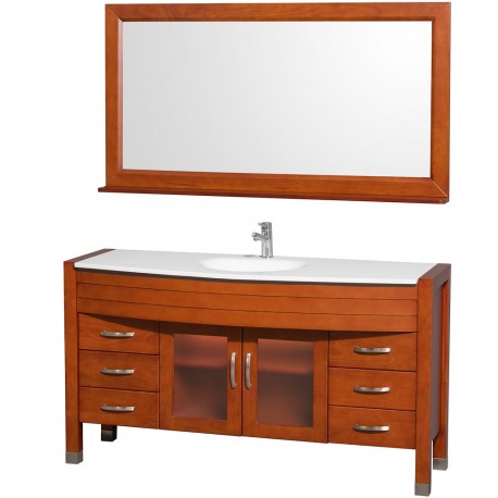 60 inch Single Bathroom Vanity in Cherry, White Man-Made Stone Countertop, Integrated Sink, and 60 inch Mirror