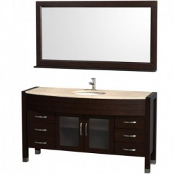 60 inch Single Bathroom Vanity in Espresso, Ivory Marble Countertop, White Porcelain Undermount Sink, and 60 inch Mirror