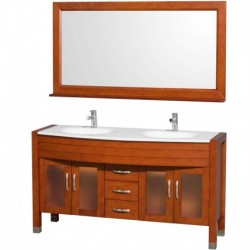 60 inch Double Bathroom Vanity in Cherry, White Man-Made Stone Countertop, White Integral Sinks, and 60 inch Mirror