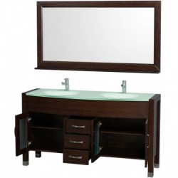 60 inch Double Bathroom Vanity in Espresso, Green Glass Countertop, Green Integral Sinks, and 60 inch Mirror