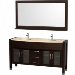 60 inch Double Bathroom Vanity in Espresso, Ivory Marble Countertop, White Porcelain Undermount Sinks , and 60 inch Mirror