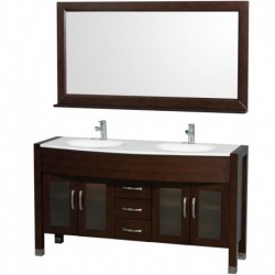 60 inch Double Bathroom Vanity in Espresso, White Man-Made Stone Countertop, White Integral Sinks, and 60 inch Mirror