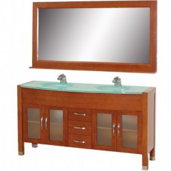 63 inch Double Bathroom Vanity in Cherry, Green Glass Countertop, Green Integral Sinks, and 63 inch Mirror