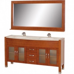 63 inch Double Bathroom Vanity in Cherry, Ivory Marble Countertop, White Porcelain Undermount Sinks, and 63 inch Mirror