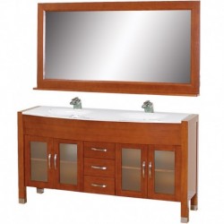 63 inch Double Bathroom Vanity in Cherry, White Man-Made Stone Countertop, White Integral Sinks, and 63 inch Mirror
