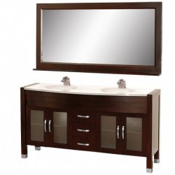 63 inch Double Bathroom Vanity in Espresso, White Man-Made Stone Countertop, White Integral Sinks, and 63 inch Mirror