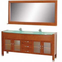 71 inch Double Bathroom Vanity in Cherry, Green Glass Countertop, Green Integral Sinks, and 70 inch Mirror