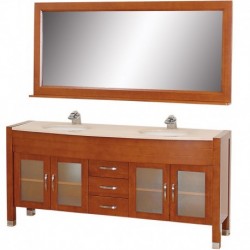 71 inch Double Bathroom Vanity in Cherry, Ivory Marble Countertop, White Porcelain Undermount Sinks, and 70 inch Mirror