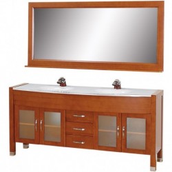 71 inch Double Bathroom Vanity in Cherry, White Man-Made Stone Countertop, White Integral Sinks, and 70 inch Mirror