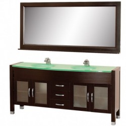 71 inch Double Bathroom Vanity in Espresso, Green Glass Countertop, Green Integral Sinks, and 70 inch Mirror