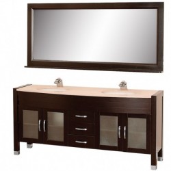 71 inch Double Bathroom Vanity in Espresso, Ivory Marble Countertop, White Porcelain Undermount Sinks , and 70 inch Mirror