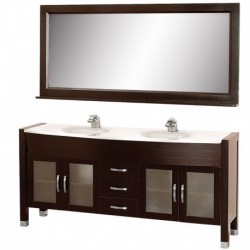71 inch Double Bathroom Vanity in Espresso, White Man-Made Stone Countertop, White Integral Sinks, and 70 inch Mirror