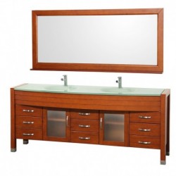 78 inch Double Bathroom Vanity in Cherry, Green Glass Countertop, Green Integral Sinks, and 70 inch Mirror