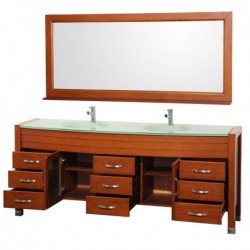 78 inch Double Bathroom Vanity in Cherry, Green Glass Countertop, Green Integral Sinks, and 70 inch Mirror