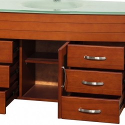 78 inch Double Bathroom Vanity in Cherry, Green Glass Countertop, Green Integral Sinks, and 70 inch Mirror