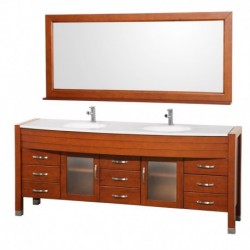 78 inch Double Bathroom Vanity in Cherry, White Man-Made Stone Countertop, White Integral Sinks, and 70 inch Mirror