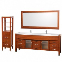 78 inch Double Bathroom Vanity in Cherry, White Man-Made Stone Countertop, White Integral Sinks, and 70 inch Mirror