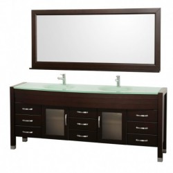 78 inch Double Bathroom Vanity in Espresso, Green Glass Countertop, Green integral Sinks, and 70 inch Mirror