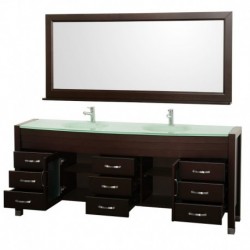 78 inch Double Bathroom Vanity in Espresso, Green Glass Countertop, Green integral Sinks, and 70 inch Mirror