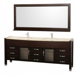 78 inch Double Bathroom Vanity in Espresso, Ivory Marble Countertop, White Porcelain Undermount Sinks , and 70 inch Mirror