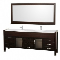 78 inch Double Bathroom Vanity in Espresso, White Man-Made Stone Countertop, White Integral Sinks, and 70 inch Mirror