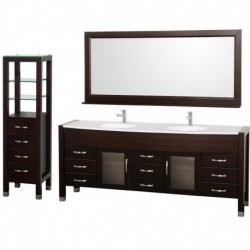 78 inch Double Bathroom Vanity in Espresso, White Man-Made Stone Countertop, White Integral Sinks, and 70 inch Mirror