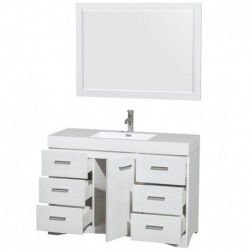 48 inch Single Bathroom Vanity in Glossy White, Acrylic Resin Countertop, Integrated Sink, and 46 inch Mirror