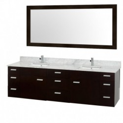 78 inch Double Bathroom Vanity in Espresso, White Carrera Marble Countertop Marble, White Porcelain Undermount Square Sink, and