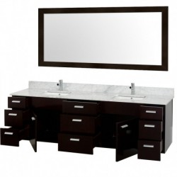 78 inch Double Bathroom Vanity in Espresso, White Carrera Marble Countertop Marble, White Porcelain Undermount Square Sink, and